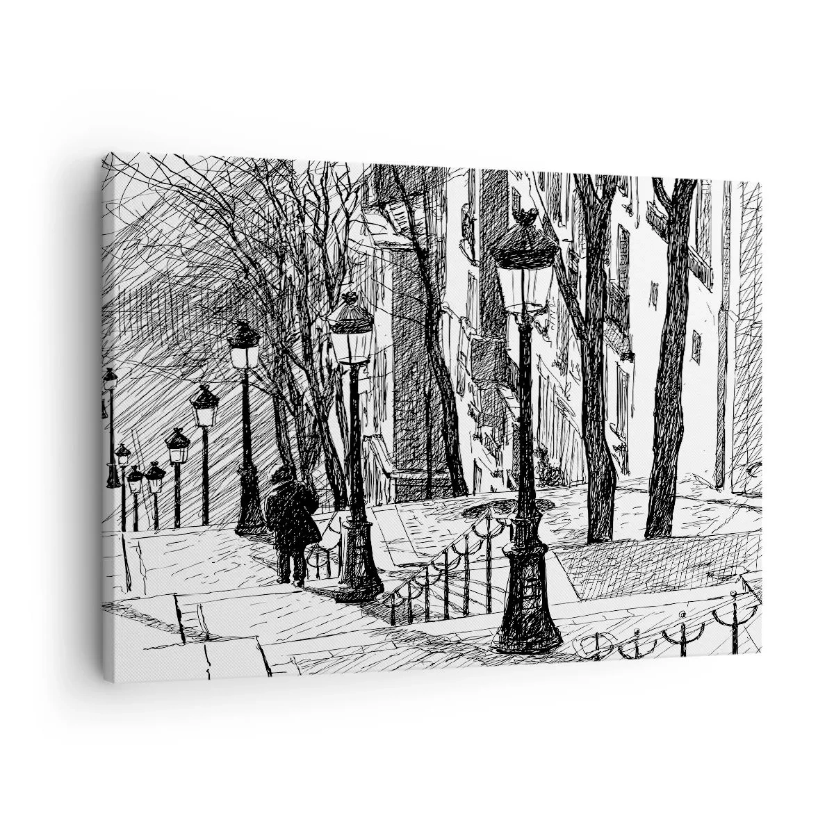 Bild auf Leinwand - Leinwandbild - Eine Straße mit Lampen und einer menschlichen Silhouette in Skizzentechnik - 70x50cm - Liebesgeschichte oder Horrorgeschichte? - Moderne Wanddekoration für Wohnzimmer und Schlafzimmer ARTTOR