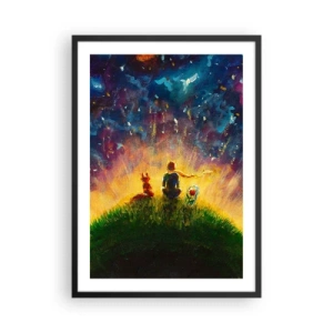 Poster in einem schwarzem Rahmen - Figuren sitzen auf einem Hügel unter einem Sternenhimmel - 50x70cm - Liebe und Freundschaft - die ganze Welt - Moderne Wanddekoration für Wohnzimmer und Schlafzimmer ARTTOR