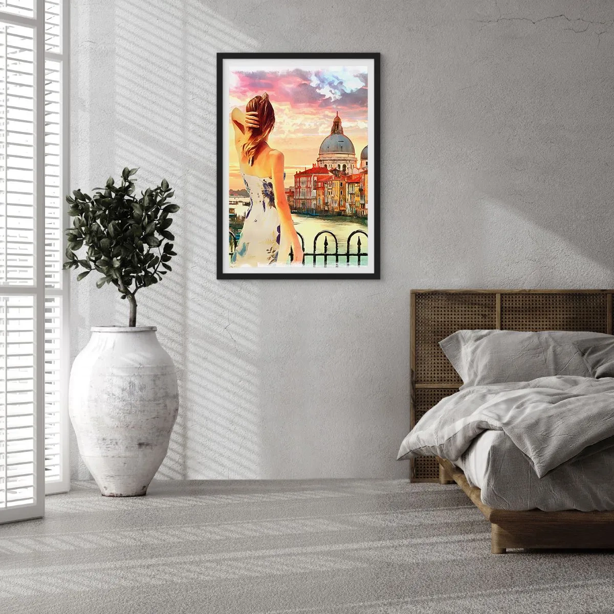 Poster in einem schwarzem Rahmen - Eine Frau bewundert den Blick auf eine historische Stadt bei Sonnenuntergang - 50x70cm - Als Abenteuer nur in ... - Moderne Wanddekoration für Wohnzimmer und Schlafzimmer ARTTOR