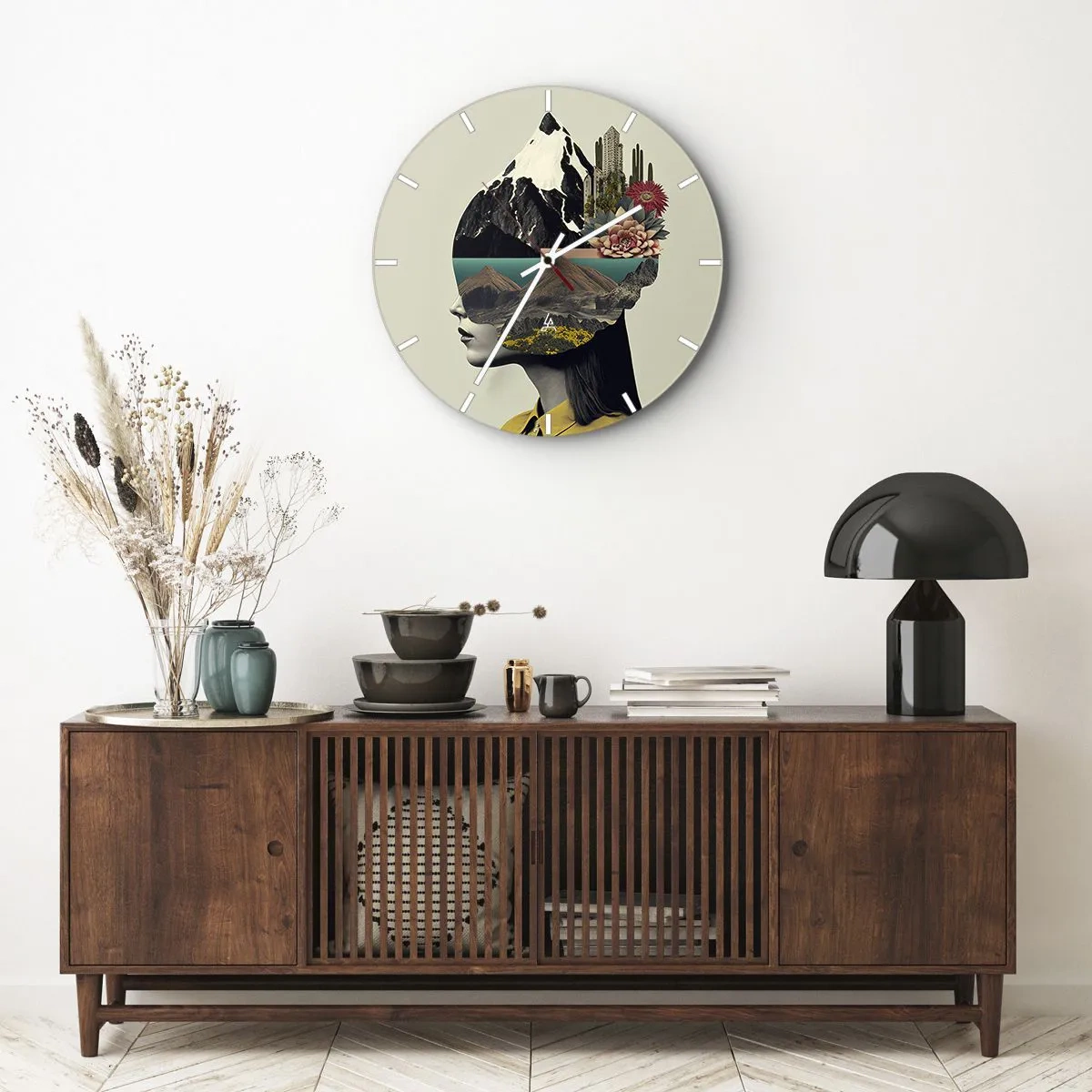 Wanduhr - Glasuhr - Künstlerisches Porträt einer Frau mit einer Landschaft und Blumen im Kopf - 30x30cm - Frau – bleibt immer ein Geheimnis - Moderne Wanddekoration für Wohnzimmer, Küche und Schlafzimmer ARTTOR
