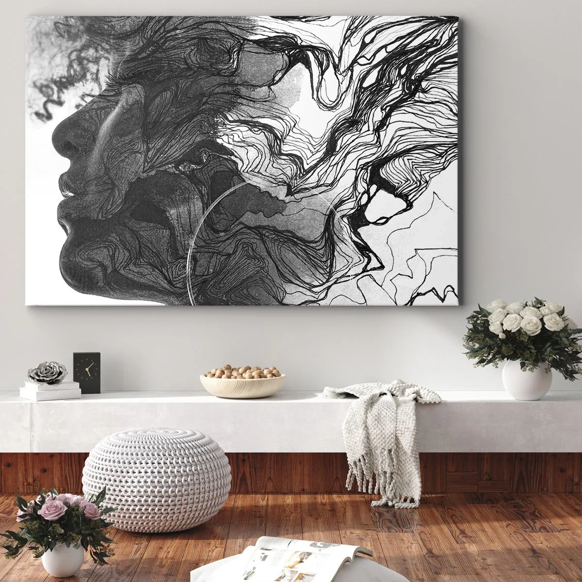 Bild auf Leinwand - Leinwandbild - Abstraktes Gesicht in Schwarzweiß mit dynamischen Linien. - 70x50cm - Verstrickt in Träume - Moderne Wanddekoration für Wohnzimmer und Schlafzimmer ARTTOR
