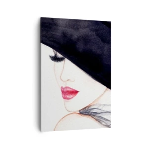 Bild auf Leinwand - Leinwandbild - Eine subtile Illustration einer Frau mit schwarzem Hut und roten Lippen - 70x100cm - Eleganz und Sinnlichkeit - Moderne Wanddekoration für Wohnzimmer und Schlafzimmer ARTTOR