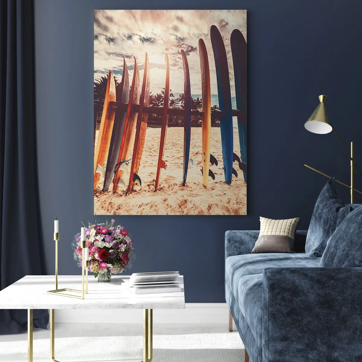 Glasbild - Bild auf glas - Surfbretter am Strand bei Sonnenuntergang - 70x100cm - Gute Nacht bis morgen - Moderne Wanddekoration für Wohnzimmer und Schlafzimmer ARTTOR