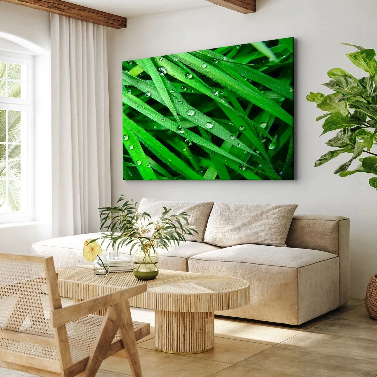 Bild auf Leinwand - Leinwandbild - Nahaufnahme von grünen Grashalmen mit Tautropfen - 70x50cm - Grün spielen - Moderne Wanddekoration für Wohnzimmer und Schlafzimmer ARTTOR