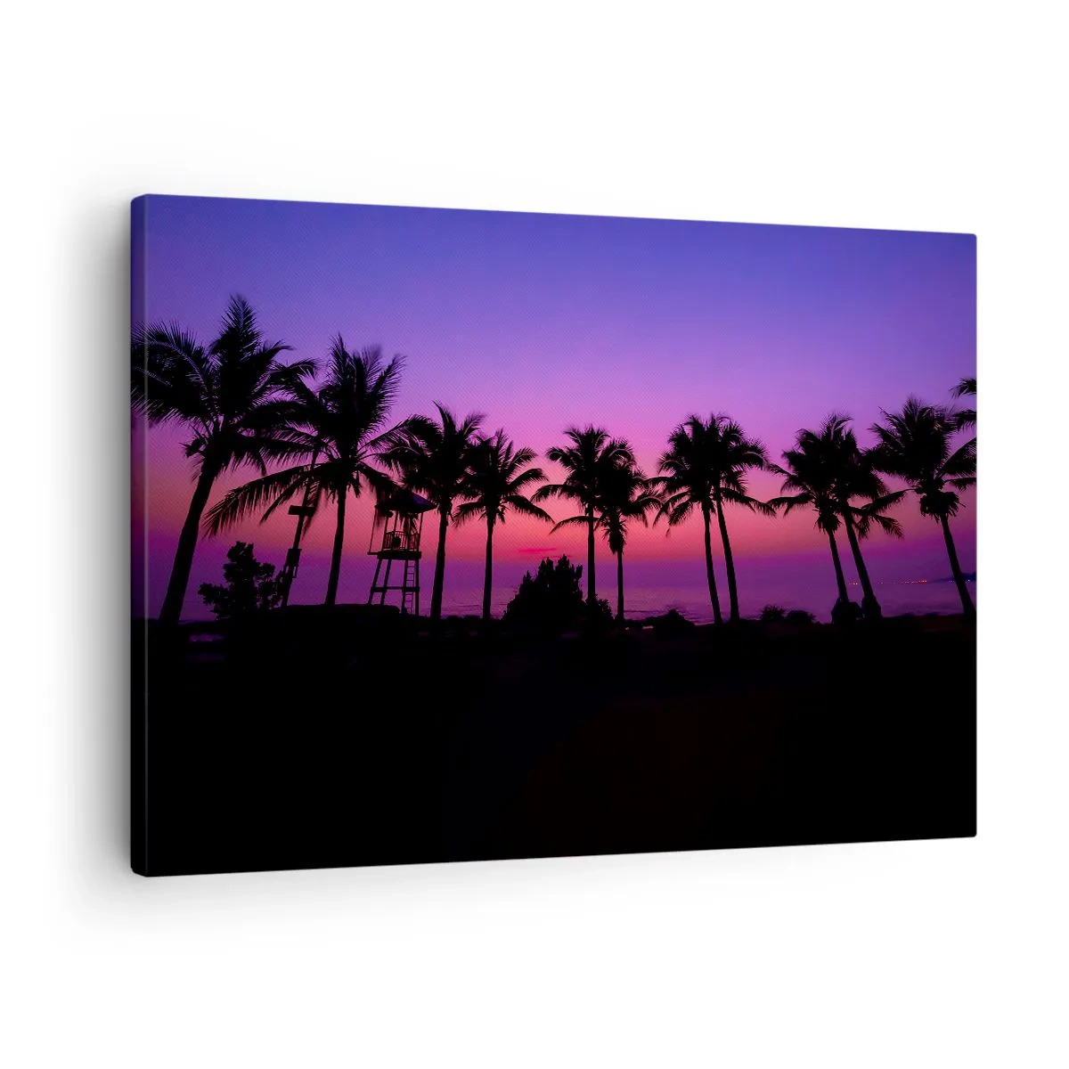 Bild auf Leinwand - Leinwandbild - Silhouetten von Palmen vor einem rosa-violetten Sonnenuntergangshimmel - 70x50cm - Abend unter Palmen - Moderne Wanddekoration für Wohnzimmer und Schlafzimmer ARTTOR