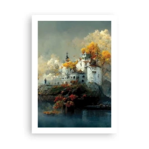Poster - Eine Burg auf einem Felsen, umgeben von einer herbstlichen Landschaft - 50x70cm - Beginn einer romantischen Geschichte - Moderne Wanddekoration für Wohnzimmer und Schlafzimmer ARTTOR