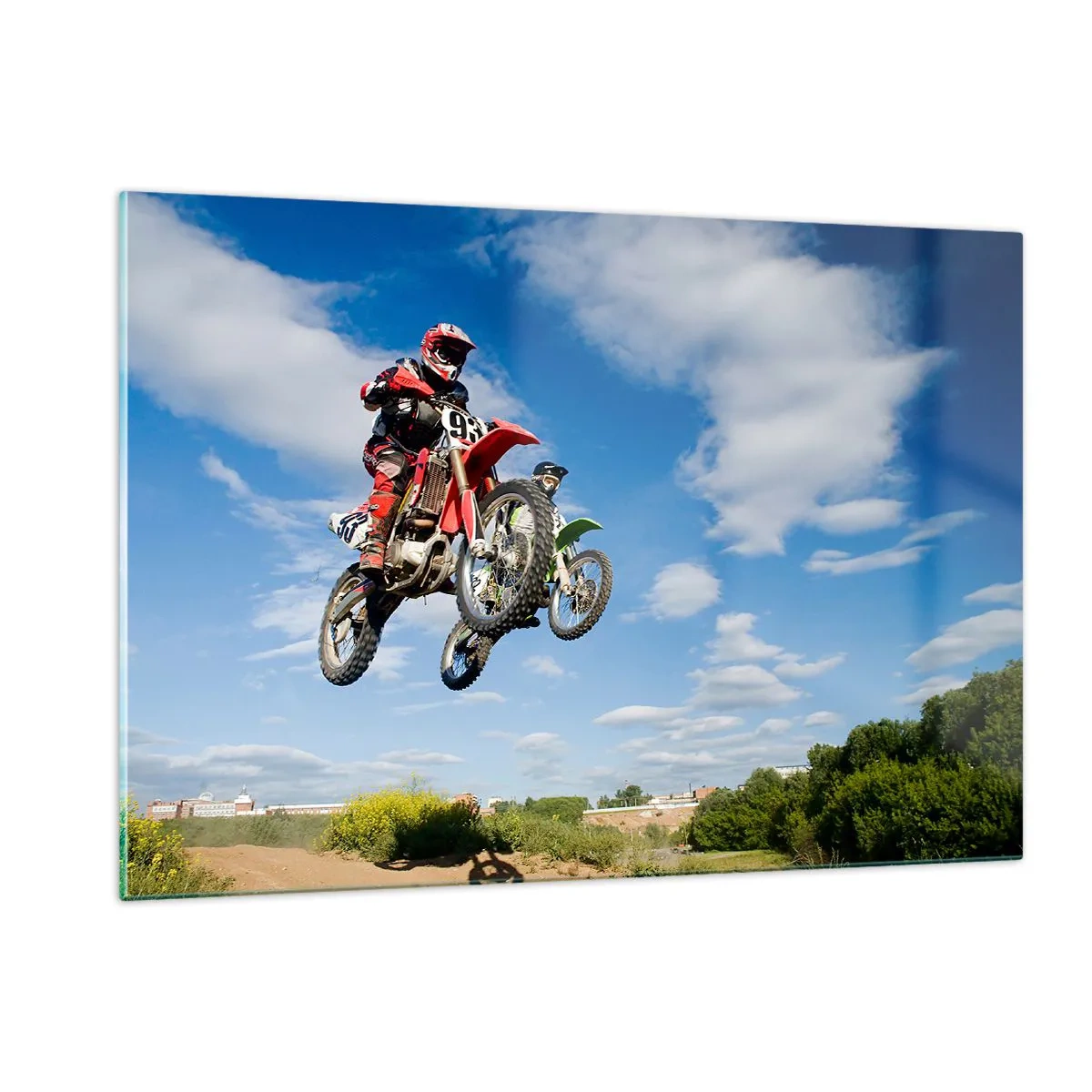 Glasbild - Bild auf glas - Ein Motorradrennfahrer im Flug vor blauem Himmel - 120x80cm - Himmelssprung - Moderne Wanddekoration für Wohnzimmer und Schlafzimmer ARTTOR