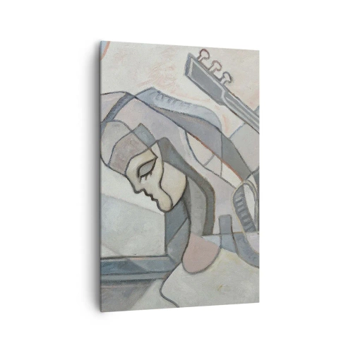 Bild auf Leinwand - Leinwandbild - Eine abstrakte Figur mit einer Gitarre in Pastellfarben. - 80x120cm - In der Kraft der Musik - Moderne Wanddekoration für Wohnzimmer und Schlafzimmer ARTTOR