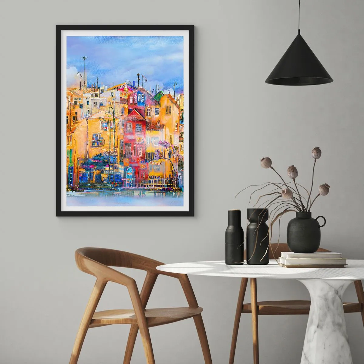Poster in einem schwarzem Rahmen - Bunte Mietshäuser im künstlerischen Stil - 50x70cm - Wir sind zusammen - Moderne Wanddekoration für Wohnzimmer und Schlafzimmer ARTTOR
