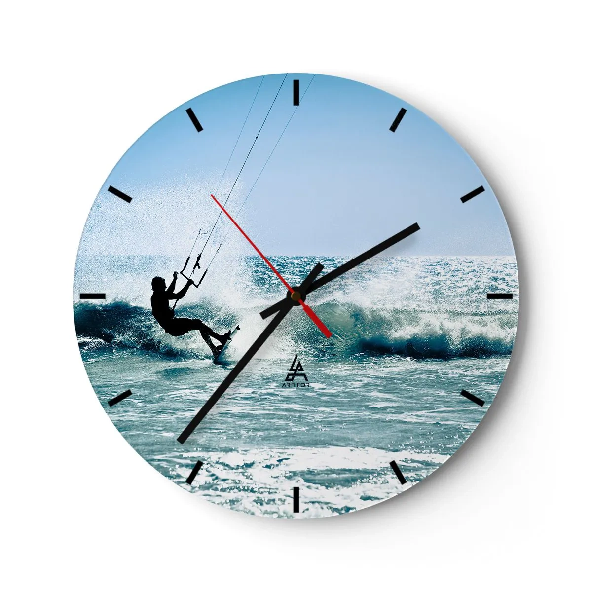 Wanduhr - Glasuhr - Kitesurfer reitet an einem sonnigen Tag am Meer auf einer Welle - 30x30cm - Hinreißen lassen - Moderne Wanddekoration für Wohnzimmer, Küche und Schlafzimmer ARTTOR