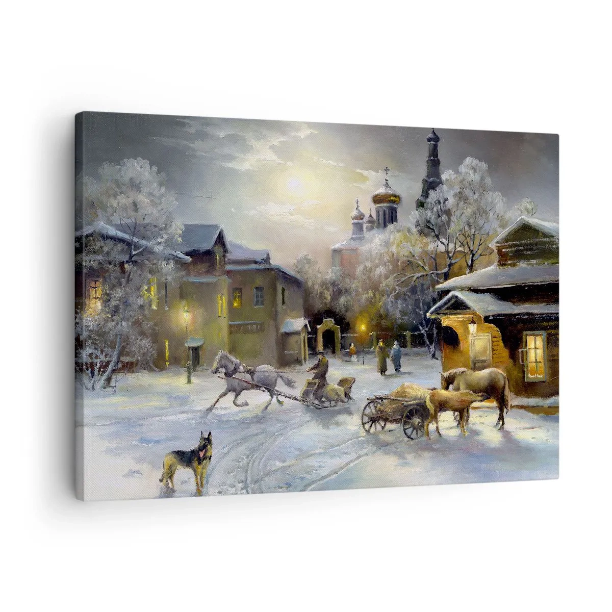 Bild auf Leinwand - Leinwandbild - Winterlandschaft in einer russischen Stadt mit Schlitten und Kirche - 70x50cm - Die Magie des russischen Winters - Moderne Wanddekoration für Wohnzimmer und Schlafzimmer ARTTOR