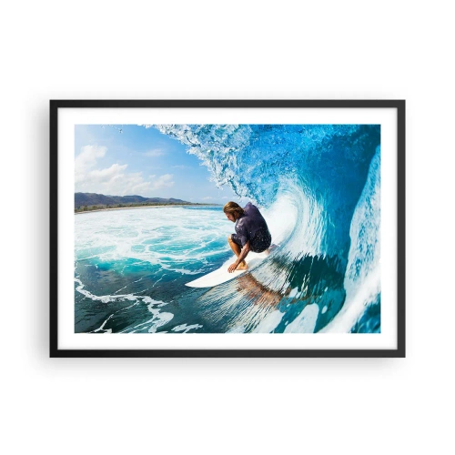 Poster in einem schwarzem Rahmen - Ein Surfer in dynamischer Pose auf einer Welle im türkisfarbenen Wasser. - 70x50cm - Tanzen mit den Wellen - Moderne Wanddekoration für Wohnzimmer und Schlafzimmer ARTTOR