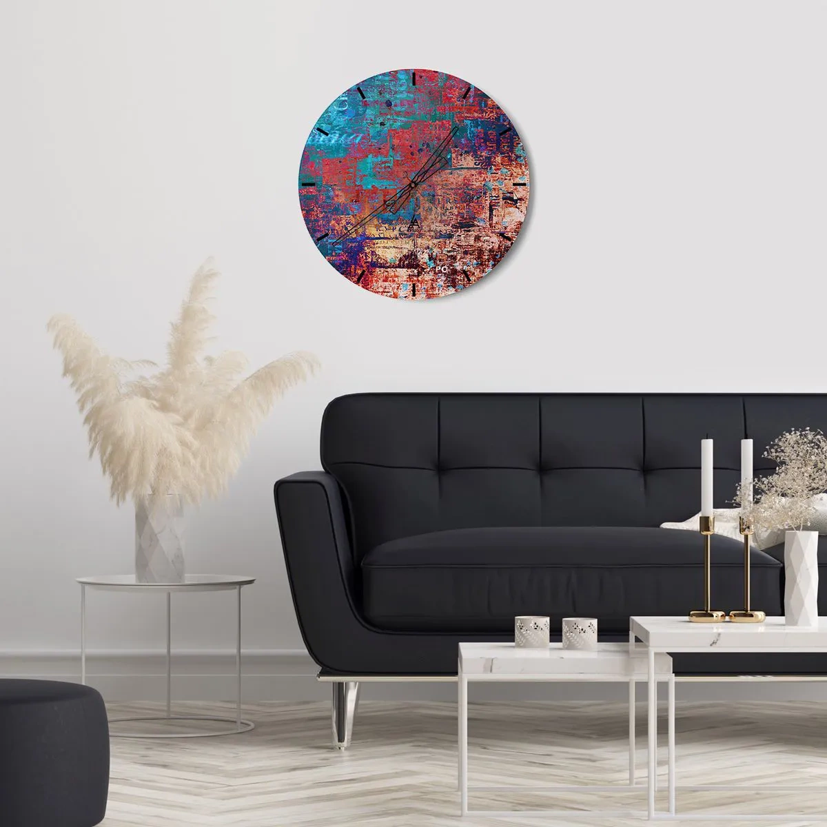 Wanduhr - Glasuhr - Eine abstrakte Komposition in intensiven Rot- und Blautönen. - 30x30cm - Erinnerung und Vergessen - Moderne Wanddekoration für Wohnzimmer, Küche und Schlafzimmer ARTTOR