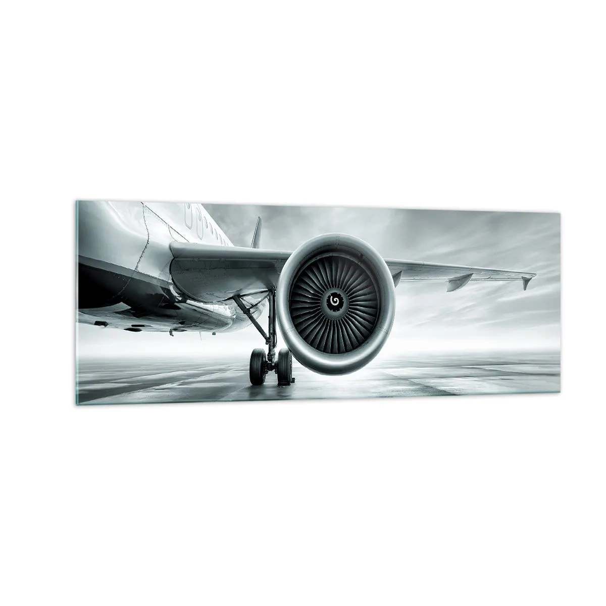 Glasbild - Bild auf glas - Das Düsentriebwerk eines Flugzeugs auf dem Rollfeld - 140x50cm - Die Macht ist da! - Moderne Wanddekoration für Wohnzimmer und Schlafzimmer ARTTOR