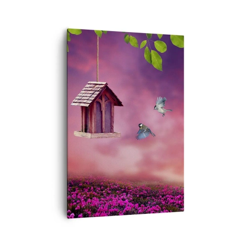 Bild auf Leinwand - Leinwandbild - Eine malerische Landschaft mit einem Vogelhaus und einem Sonnenuntergang - 70x100cm - Einladung zum Abendessen - Moderne Wanddekoration für Wohnzimmer und Schlafzimmer ARTTOR