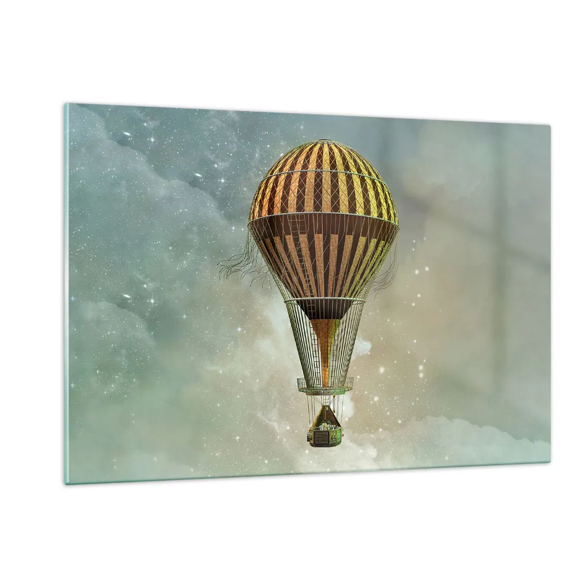 Glasbild - Bild auf glas - Ein stilisierter Ballon vor dem Hintergrund eines Sternenhimmels und Wolken. - 120x80cm - Pionierflüge - Moderne Wanddekoration für Wohnzimmer und Schlafzimmer ARTTOR