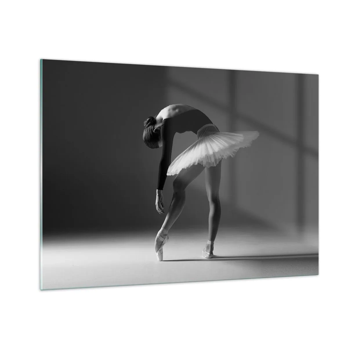Glasbild - Bild auf glas - Schwarz-weiße Silhouette einer Ballerina in anmutiger Pose - 100x70cm - Bella Ballerina - Moderne Wanddekoration für Wohnzimmer und Schlafzimmer ARTTOR