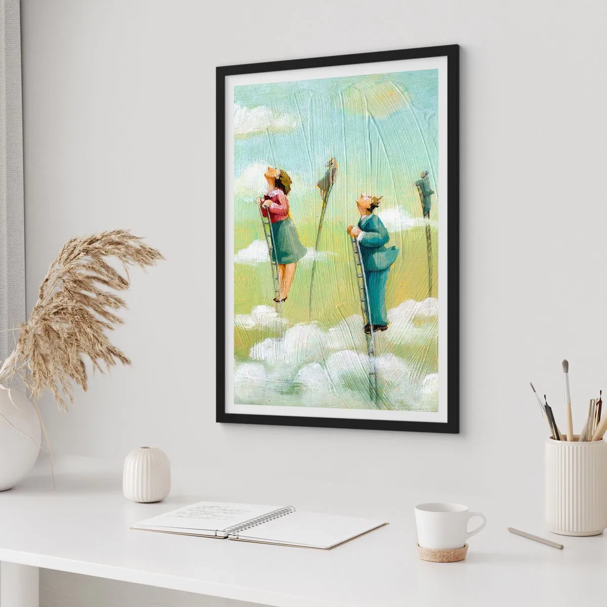 Poster in einem schwarzem Rahmen - Figuren, die Leitern in den Wolken erklimmen - 50x70cm - Hinter deinem Traum - Moderne Wanddekoration für Wohnzimmer und Schlafzimmer ARTTOR