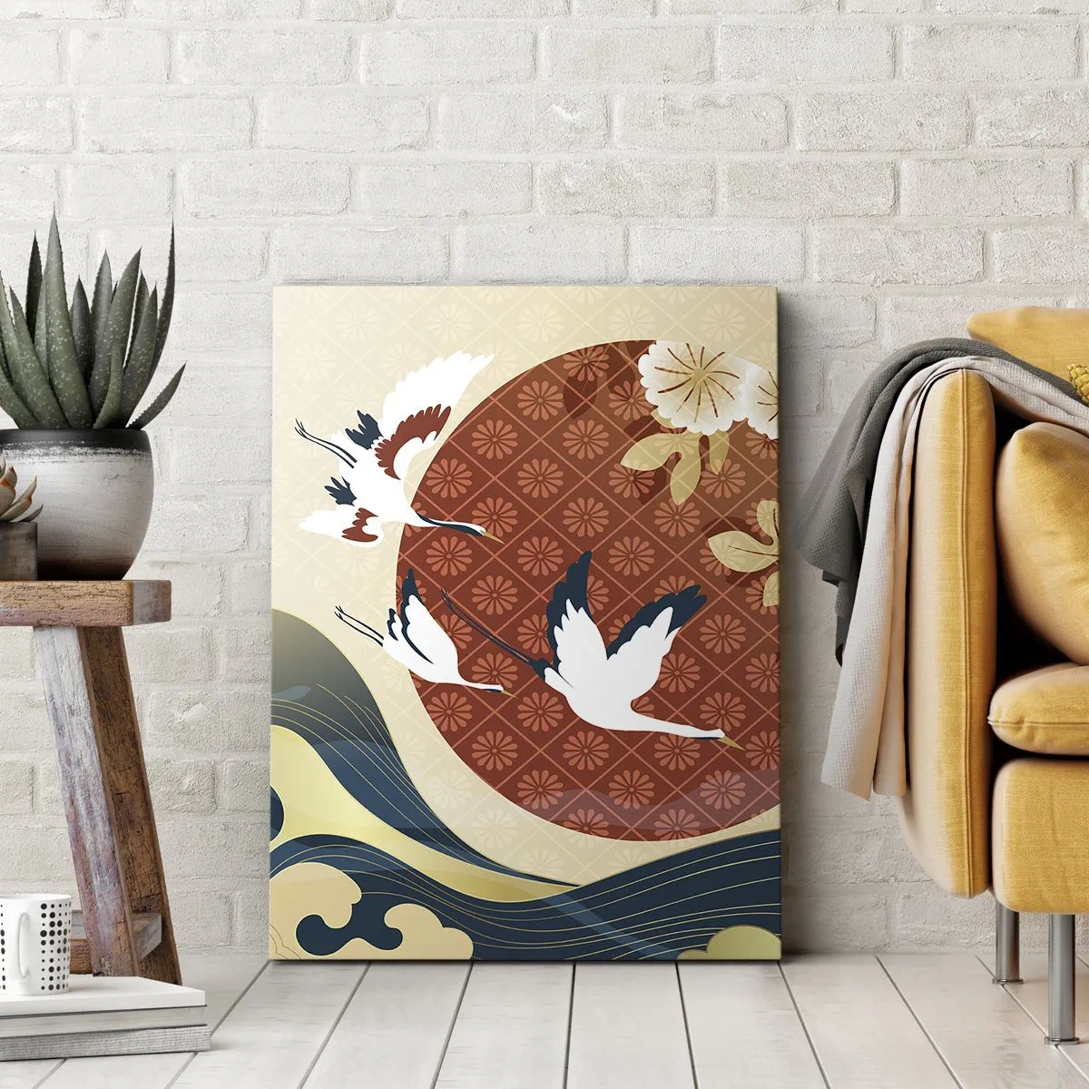Bild auf Leinwand - Leinwandbild - Japanische Komposition mit Kranichen und Wellen - 50x70cm - Japanisches Märchen - Moderne Wanddekoration für Wohnzimmer und Schlafzimmer ARTTOR