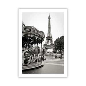 Poster - Schwarz-Weiß-Foto des Karussells und des Turms im Hintergrund - 50x70cm - So lustig ist es nur in Paris - Moderne Wanddekoration für Wohnzimmer und Schlafzimmer ARTTOR