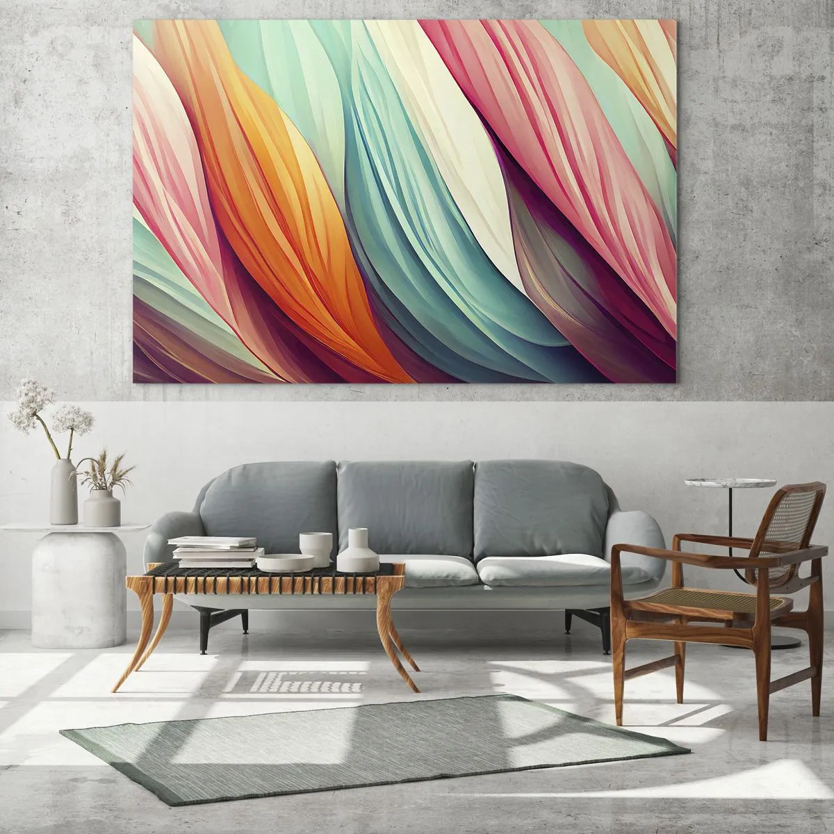 Glasbild - Bild auf glas - Ein farbenfrohes Gewebe aus abstrakten Streifen in Pastellfarben - 70x50cm - Regenbogengewebe - Moderne Wanddekoration für Wohnzimmer und Schlafzimmer ARTTOR