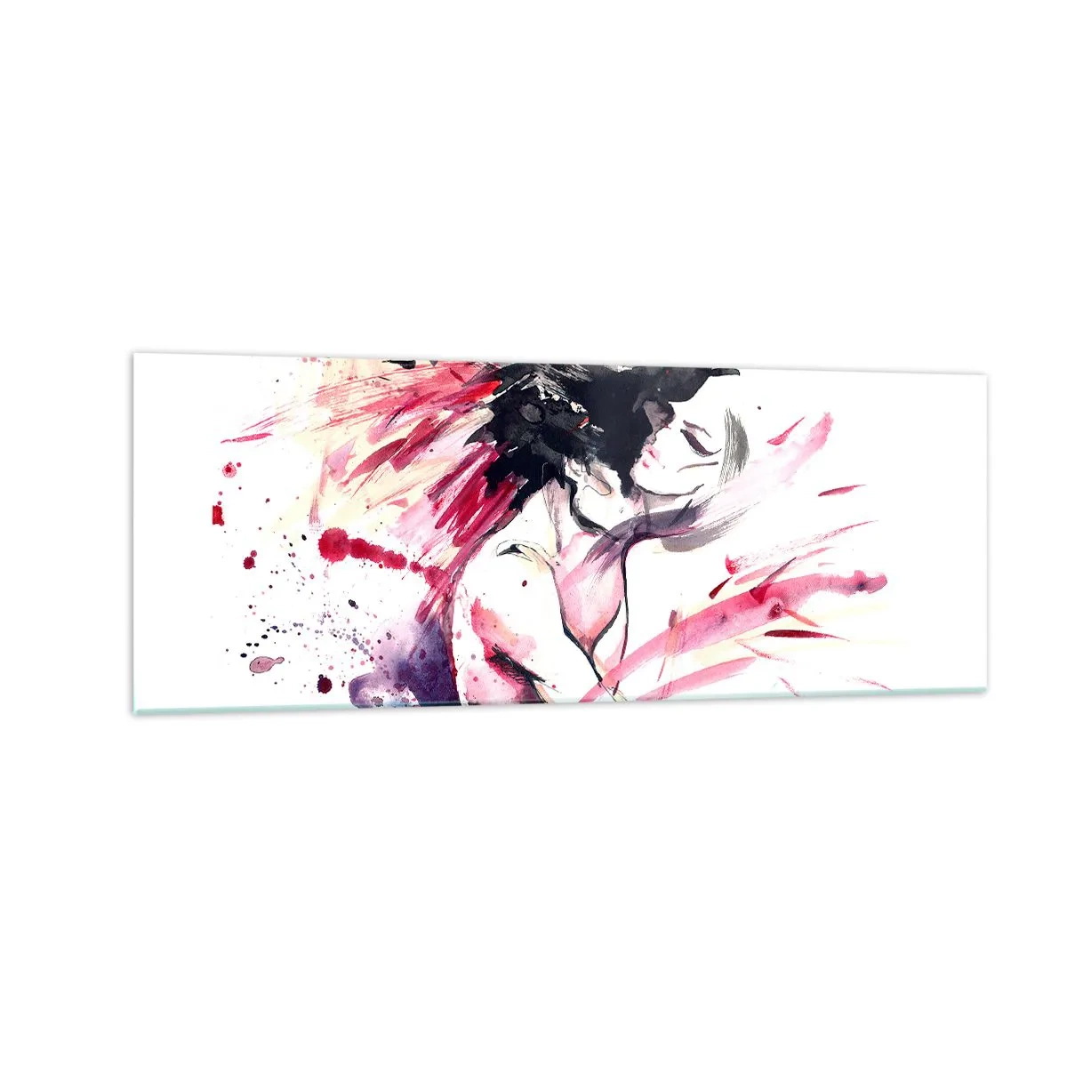 Glasbild - Bild auf glas - Abstraktes Frauenporträt mit dynamischen roten Akzenten - 140x50cm - Eine Liebeserfüllung - Moderne Wanddekoration für Wohnzimmer und Schlafzimmer ARTTOR