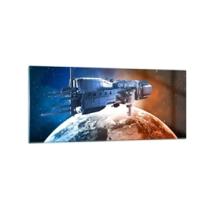Glasbild - Bild auf glas - Ein Raumschiff vor dem Hintergrund eines Planeten im Weltraum - 120x50cm - Ein aufmerksamer Beobachter - Moderne Wanddekoration für Wohnzimmer und Schlafzimmer ARTTOR
