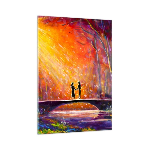 Glasbild - Bild auf glas - Ein Paar auf einer Brücke im Licht der untergehenden Sonne, umgeben von Bäumen. - 50x70cm - Der Himmel liebt sie auch - Moderne Wanddekoration für Wohnzimmer und Schlafzimmer ARTTOR
