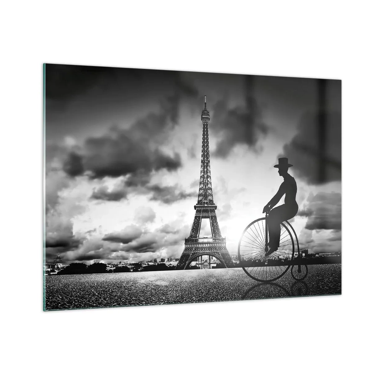 Glasbild - Bild auf glas - Eiffelturm mit Retro-Fahrrad in Schwarz und Weiß - 100x70cm - Sehnsucht nach Belle Epoque - Moderne Wanddekoration für Wohnzimmer und Schlafzimmer ARTTOR