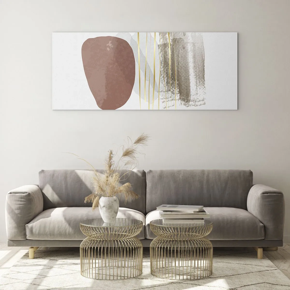 Glasbild - Bild auf glas - Abstrakte Komposition in Beige- und Goldtönen - 160x50cm - Abstrakte Kolonnade - Moderne Wanddekoration für Wohnzimmer und Schlafzimmer ARTTOR