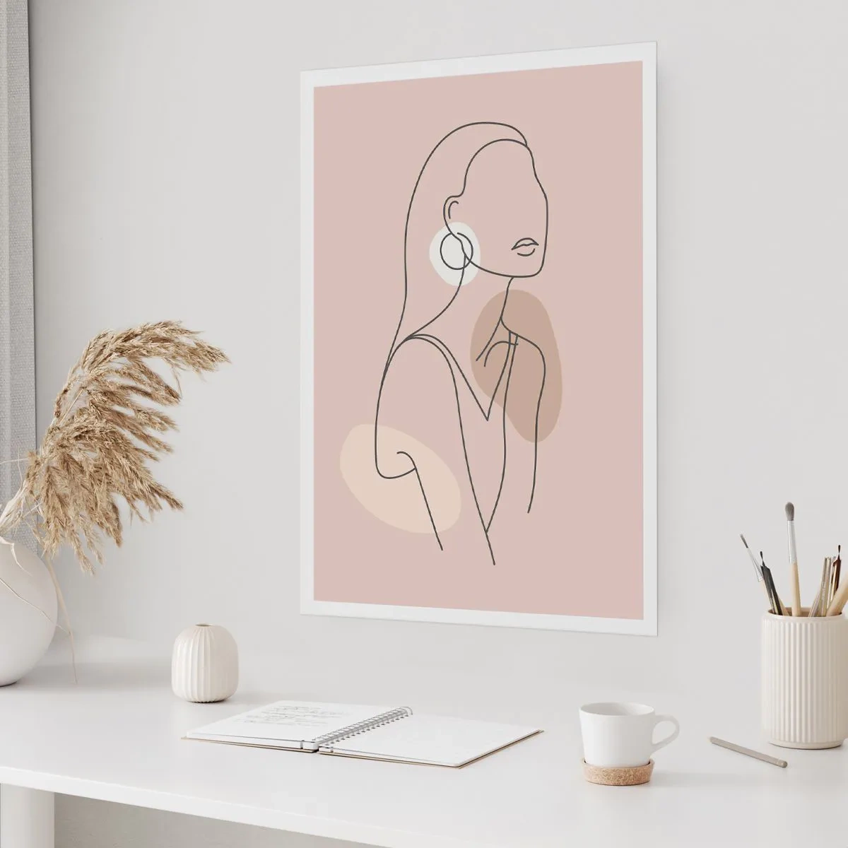 Poster - Eine minimalistische Zeichnung einer Frau in pastellfarbenen Beigetönen. - 50x70cm - Mädchenhafte Ikone - Moderne Wanddekoration für Wohnzimmer und Schlafzimmer ARTTOR