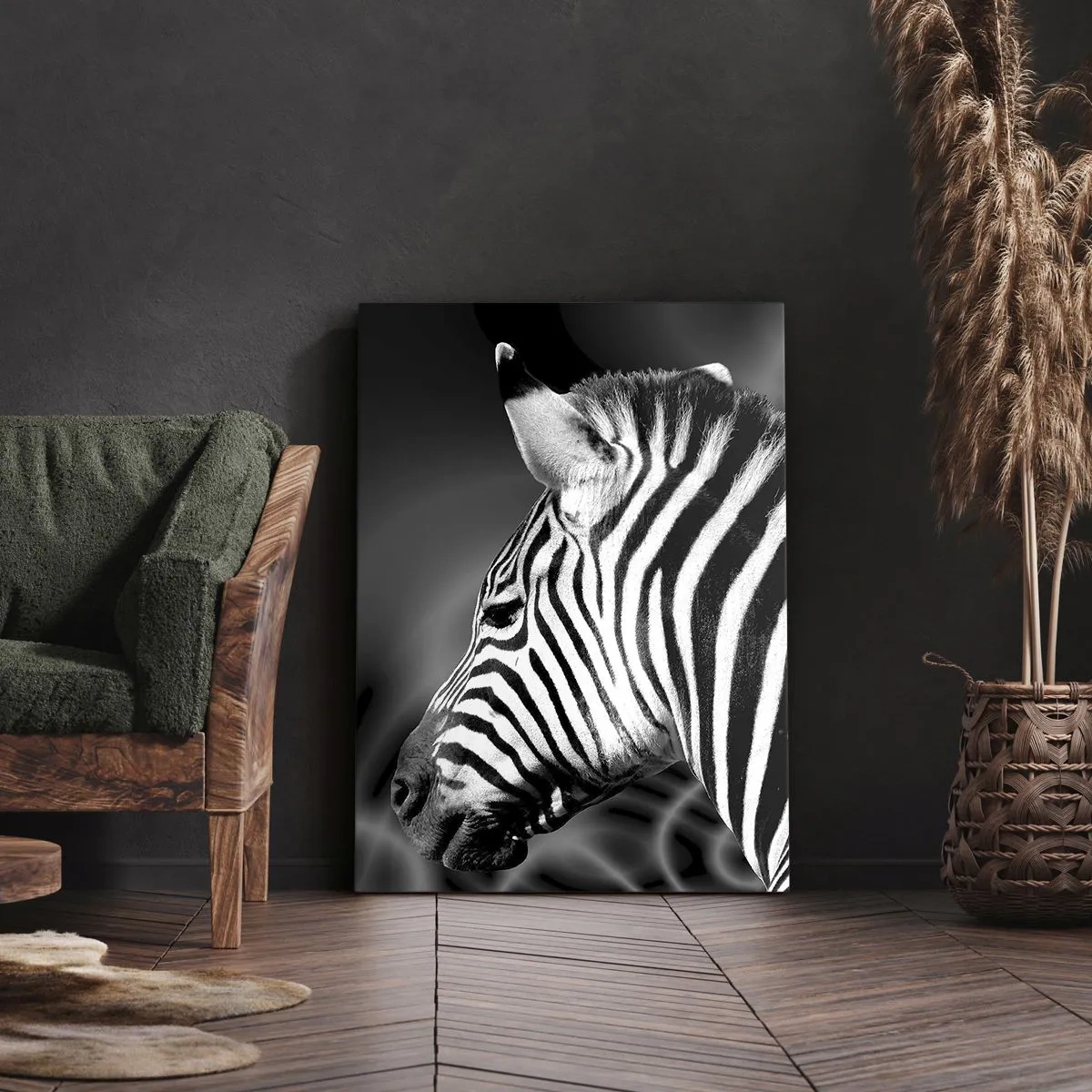 Bild auf Leinwand - Leinwandbild - Schwarz-Weiß-Porträt eines Zebras vor einem Hintergrund abstrakter Muster. - 50x70cm - Weiß ist weiß und schwarz ist schwarz - Moderne Wanddekoration für Wohnzimmer und Schlafzimmer ARTTOR