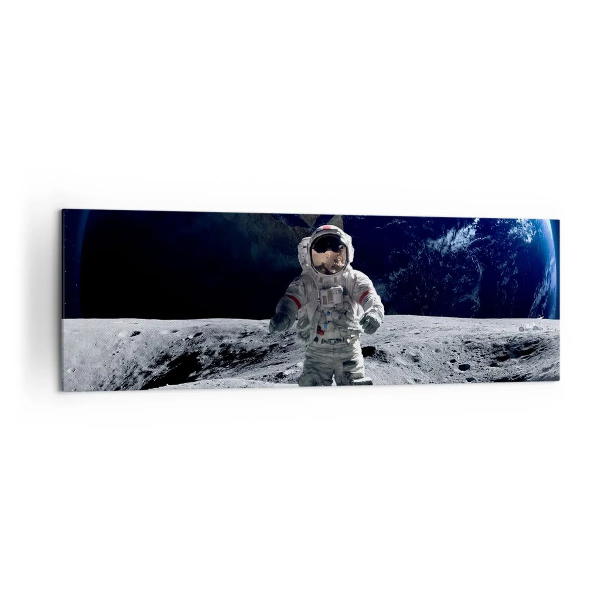 Bild auf Leinwand - Leinwandbild - Astronaut auf der Mondoberfläche mit der Erde im Hintergrund - 160x50cm - Grüße vom Mond - Moderne Wanddekoration für Wohnzimmer und Schlafzimmer ARTTOR