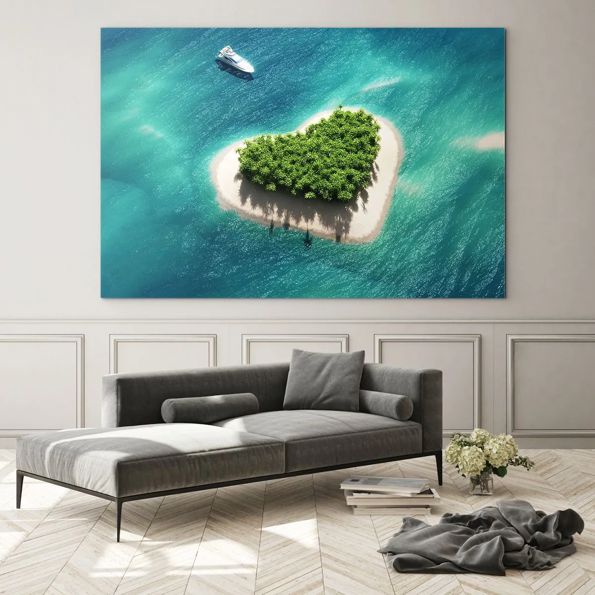 Glasbild - Bild auf glas - Illustration einer herzförmigen Insel mit einem Boot vor einem türkisfarbenen Meer - 120x80cm - ich liebe Sommer - Moderne Wanddekoration für Wohnzimmer und Schlafzimmer ARTTOR