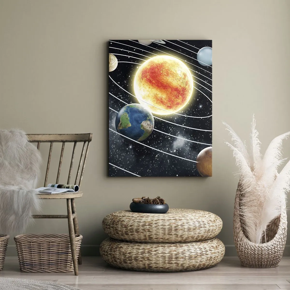Bild auf Leinwand - Leinwandbild - Sonnensystem mit Planeten und Sonne im Weltraum - 80x120cm - Kosmischer Tanz - Moderne Wanddekoration für Wohnzimmer und Schlafzimmer ARTTOR
