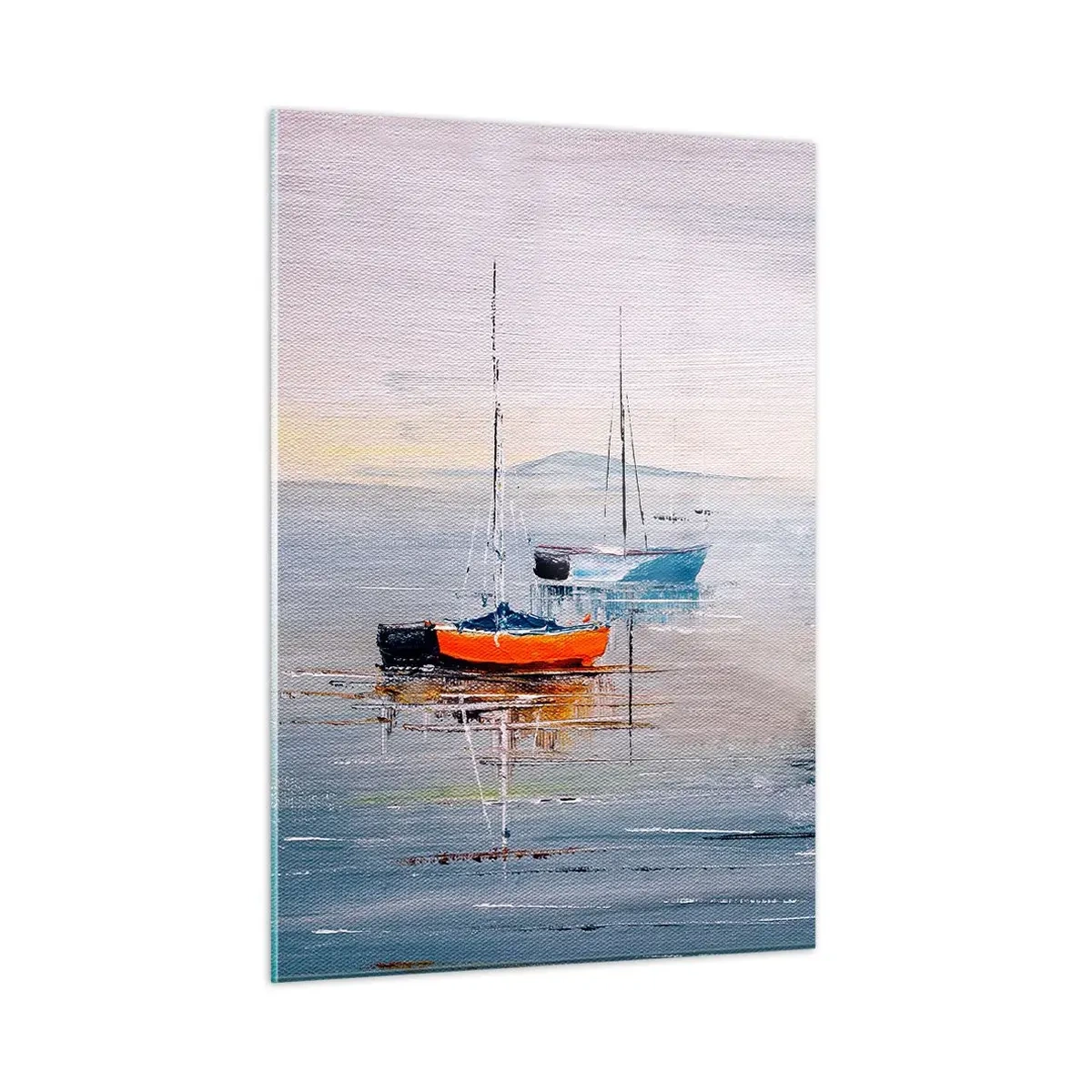 Glasbild - Bild auf glas - Bunte Boote treiben bei Sonnenuntergang auf dem ruhigen Wasser - 50x70cm - Wohlverdiente Ruhe - Moderne Wanddekoration für Wohnzimmer und Schlafzimmer ARTTOR