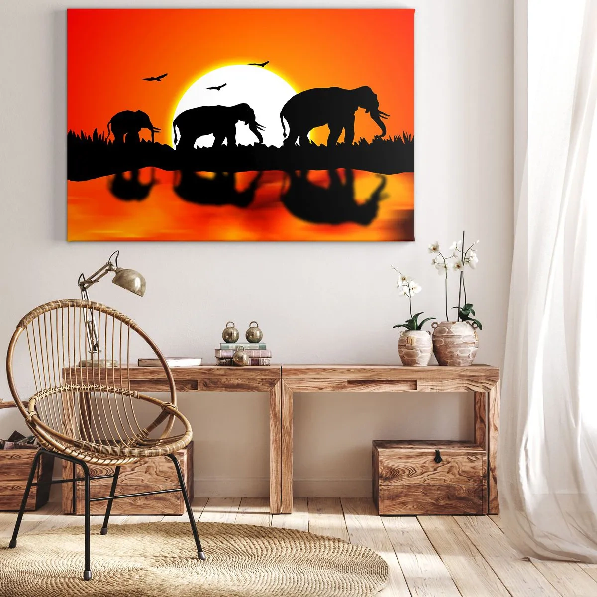 Bild auf Leinwand - Leinwandbild - Silhouetten von Elefanten bei Sonnenuntergang über dem Wasser mit Reflexion - 70x50cm - Und abends einen kleinen Drink trinken - Moderne Wanddekoration für Wohnzimmer und Schlafzimmer ARTTOR
