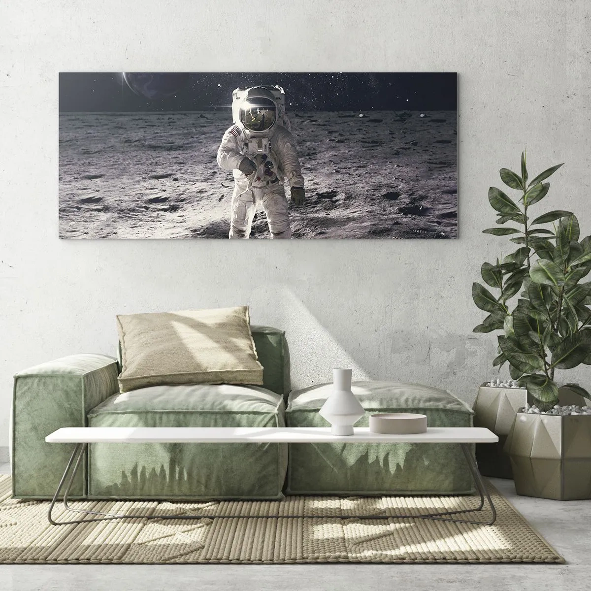 Glasbild - Bild auf glas - Astronaut auf der Mondoberfläche mit der Erde im Hintergrund - 120x50cm - Grüße vom Mond - Moderne Wanddekoration für Wohnzimmer und Schlafzimmer ARTTOR