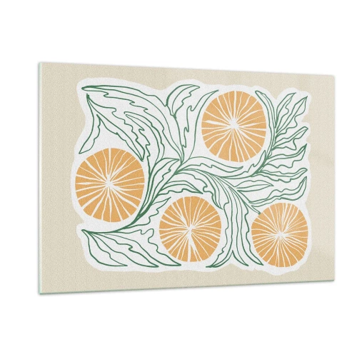 Glasbild - Bild auf glas - Orangefarbene Früchte und grüne Blätter in einer grafischen Komposition - 120x80cm - Ethnisch mit einem Hauch von Abstraktion - Moderne Wanddekoration für Wohnzimmer und Schlafzimmer ARTTOR