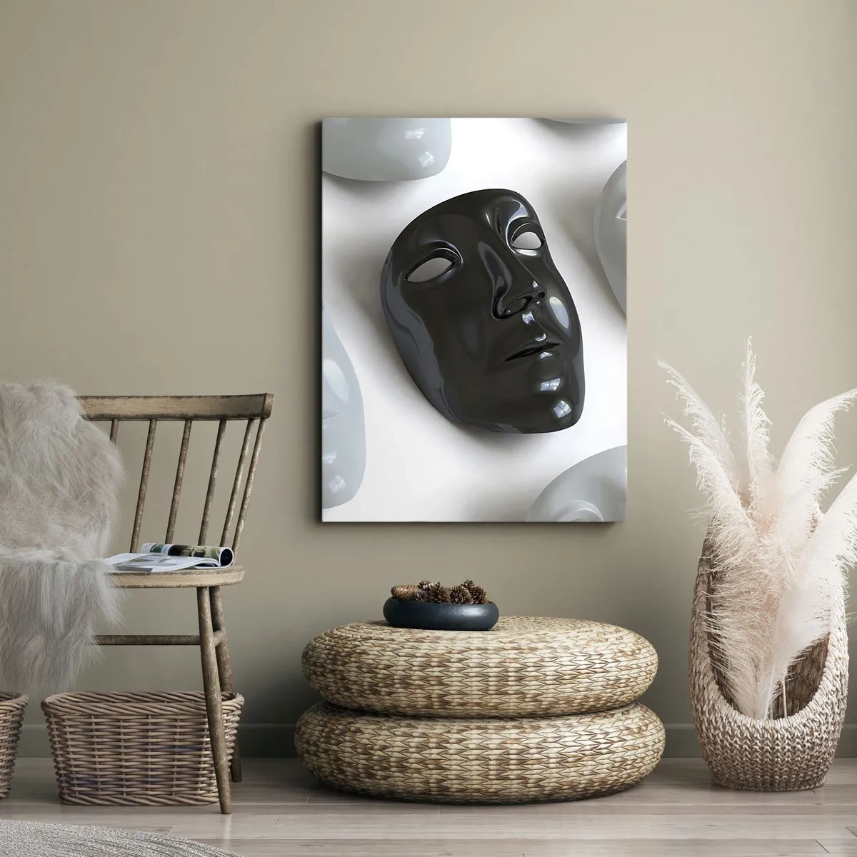 Bild auf Leinwand - Leinwandbild - Schwarz-weiße Masken auf hellem Hintergrund - 70x100cm - Wie hebt man sich ab? - Moderne Wanddekoration für Wohnzimmer und Schlafzimmer ARTTOR