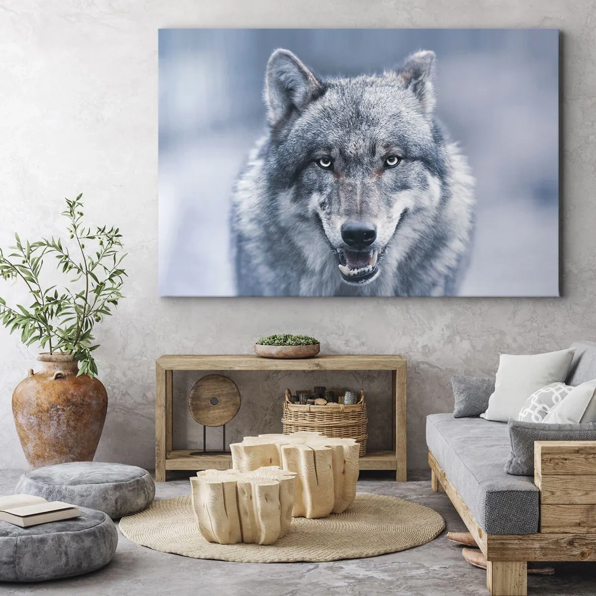 Bild auf Leinwand - Leinwandbild - Ein Wolf mit intensivem Blick in einer Winterlandschaft - 100x70cm - Werden Sie die Herausforderung annehmen? - Moderne Wanddekoration für Wohnzimmer und Schlafzimmer ARTTOR