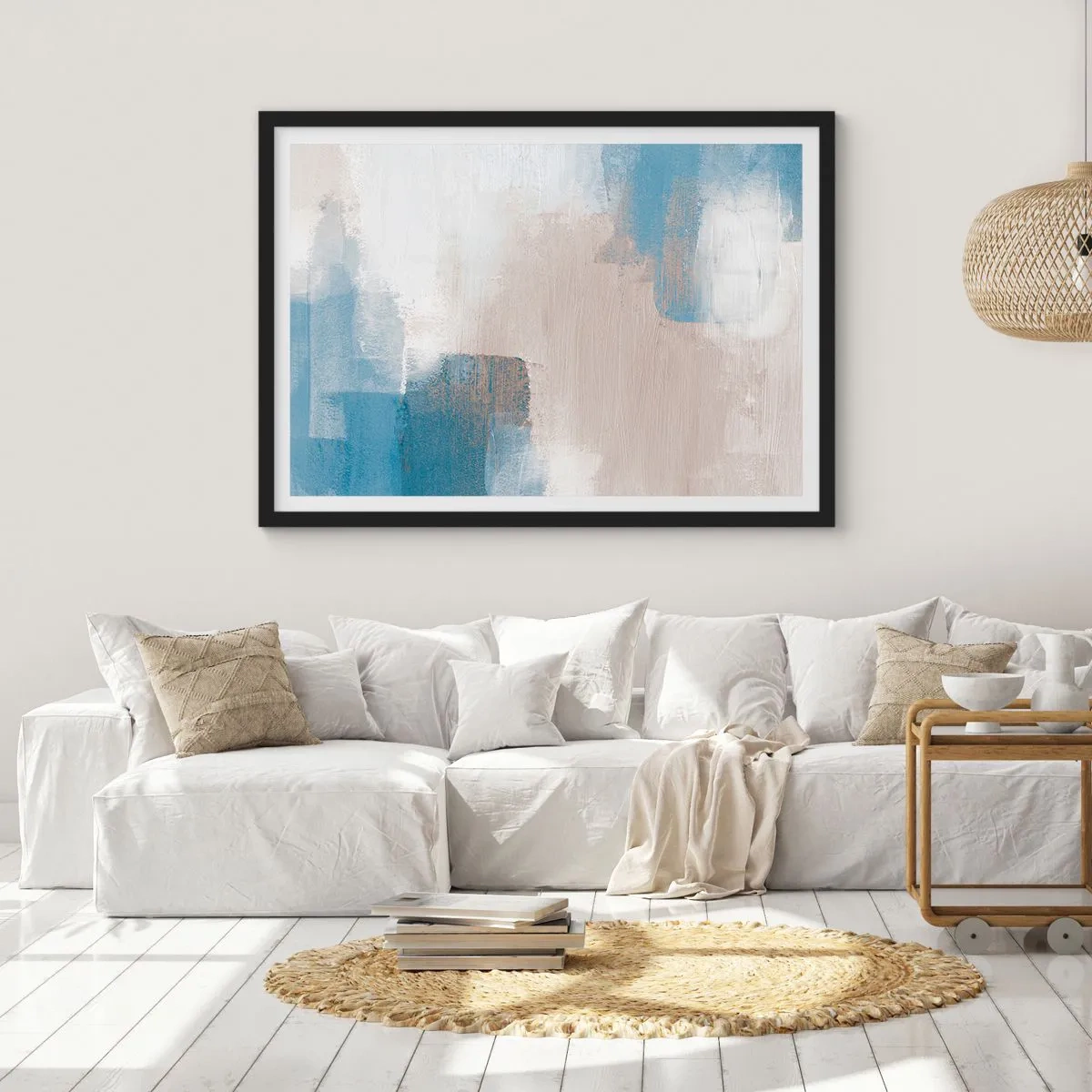 Poster in einem schwarzem Rahmen - Abstrakte Formen in Blau- und Beigetönen - 70x50cm - Rosa Abstraktion hinter einem blauen Vorhang - Moderne Wanddekoration für Wohnzimmer und Schlafzimmer ARTTOR