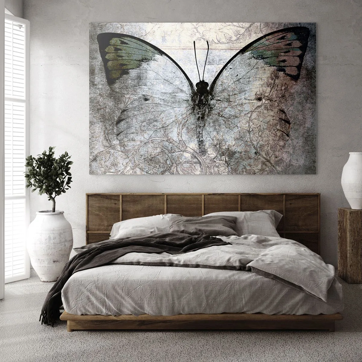 Glasbild - Bild auf glas - Abstrakter Schmetterling auf dem Hintergrund eines alten Ornaments - 120x80cm - Im Jugendstil - Moderne Wanddekoration für Wohnzimmer und Schlafzimmer ARTTOR