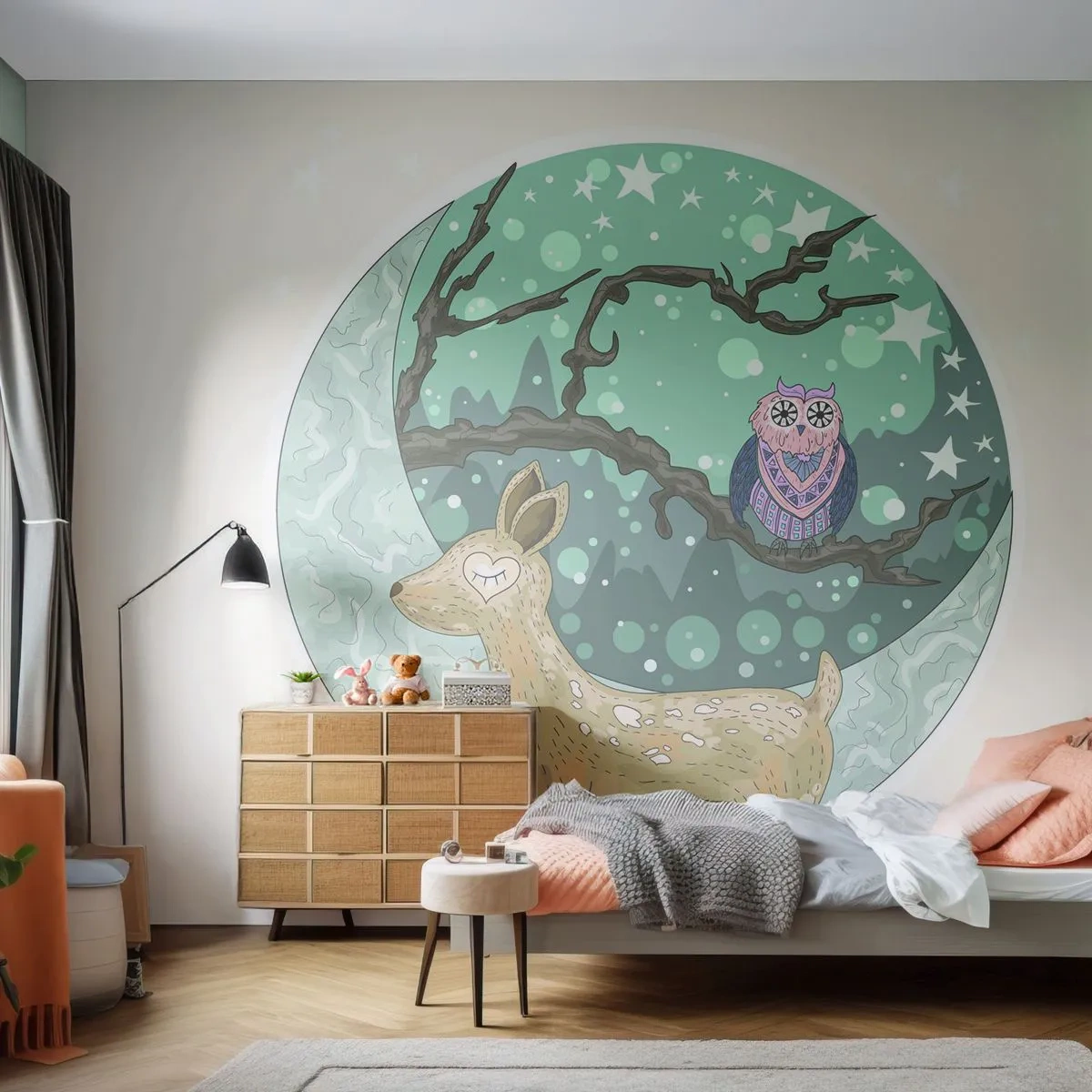 Fototapete Premium Sand - Eine märchenhafte Waldnacht - Für Kinder, Grafik, Sterne - 500x350 cm