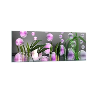 Glasbild - Bild auf glas - Grüne Blätter und rosa Blasen über dem Wasser auf grauem Hintergrund - 140x50cm - Eine reflektierende Komposition aus Leichtigkeit und Leben - Moderne Wanddekoration für Wohnzimmer und Schlafzimmer ARTTOR