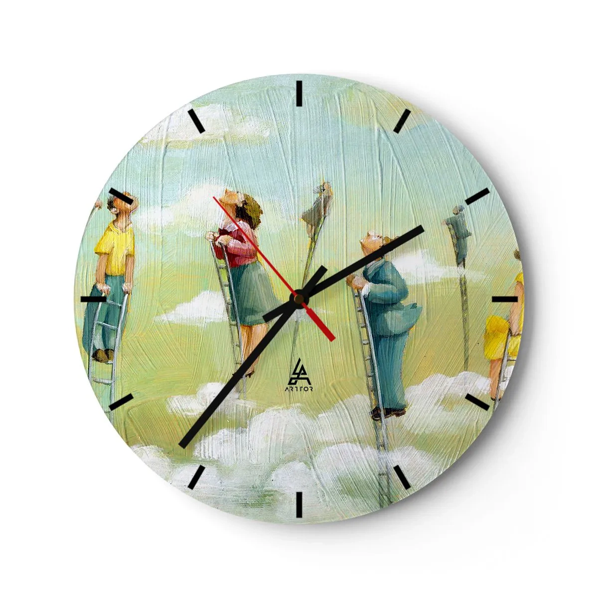 Wanduhr - Glasuhr - Menschen, die vor einem bunten Hintergrund Leitern in den Wolken erklimmen - 30x30cm - Hinter deinem Traum - Moderne Wanddekoration für Wohnzimmer, Küche und Schlafzimmer ARTTOR