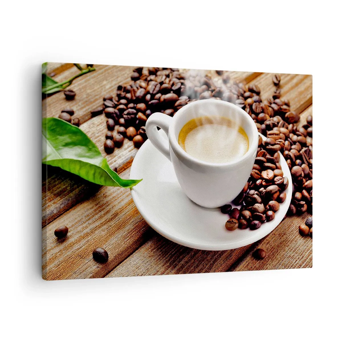 Bild auf Leinwand - Leinwandbild - Eine Tasse aromatischen Kaffee vor dem Hintergrund von Bohnen und einem Blatt - 70x50cm - Kaffee auf der Bank - Moderne Wanddekoration für Wohnzimmer und Schlafzimmer ARTTOR