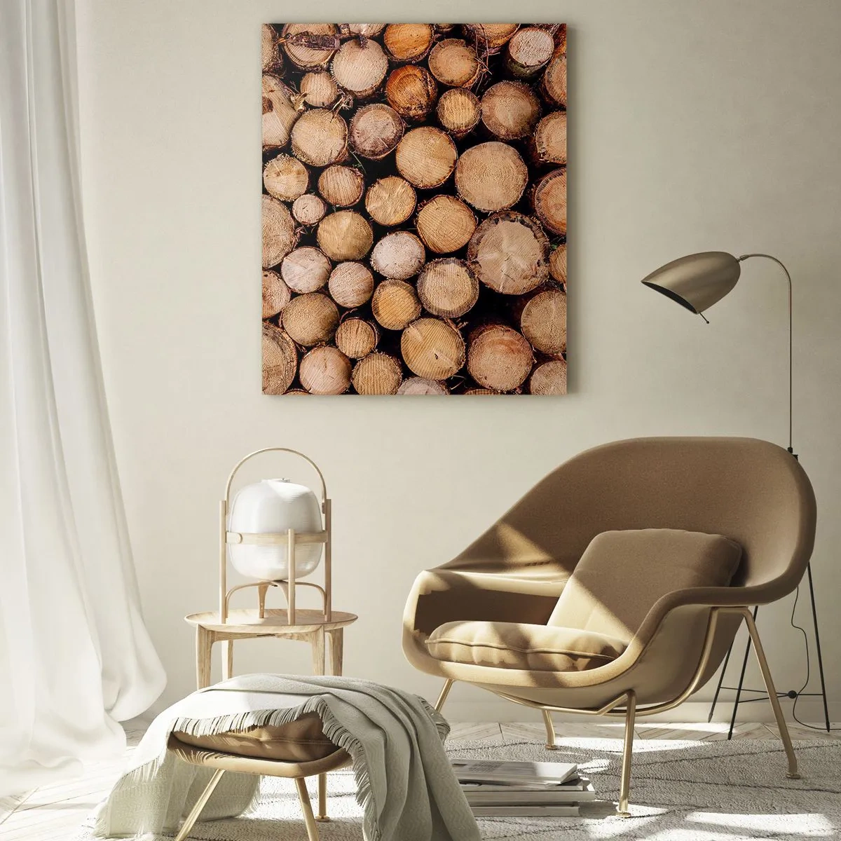 Glasbild - Bild auf glas - Stapel gefällter Baumstämme in harmonischer Anordnung - 80x120cm - Ein neuer Anfang - Moderne Wanddekoration für Wohnzimmer und Schlafzimmer ARTTOR
