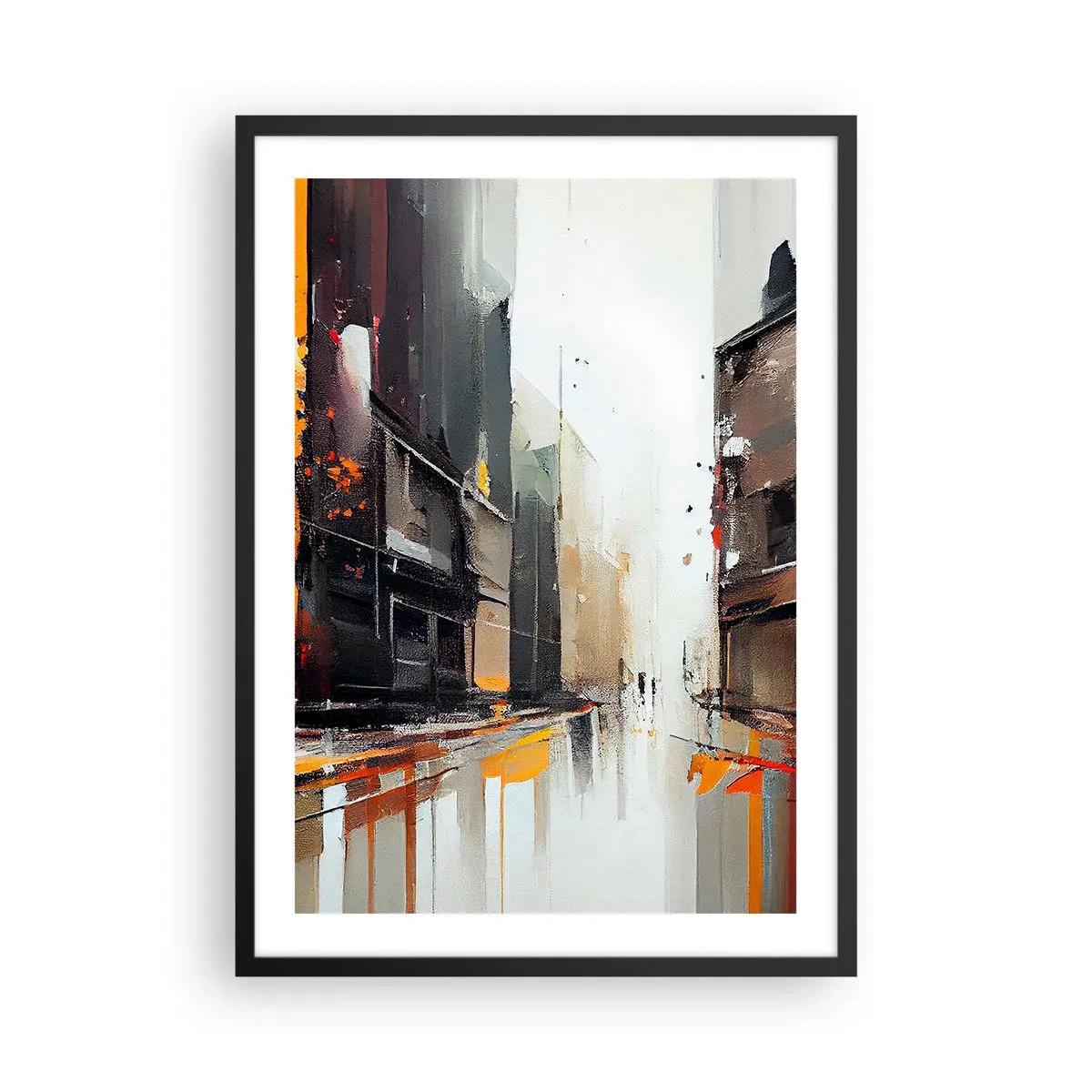 Poster in einem schwarzem Rahmen - Abstraktes Stadtpanorama in Grau- und Orangetönen - 50x70cm - Regnerischer Tag - Moderne Wanddekoration für Wohnzimmer und Schlafzimmer ARTTOR