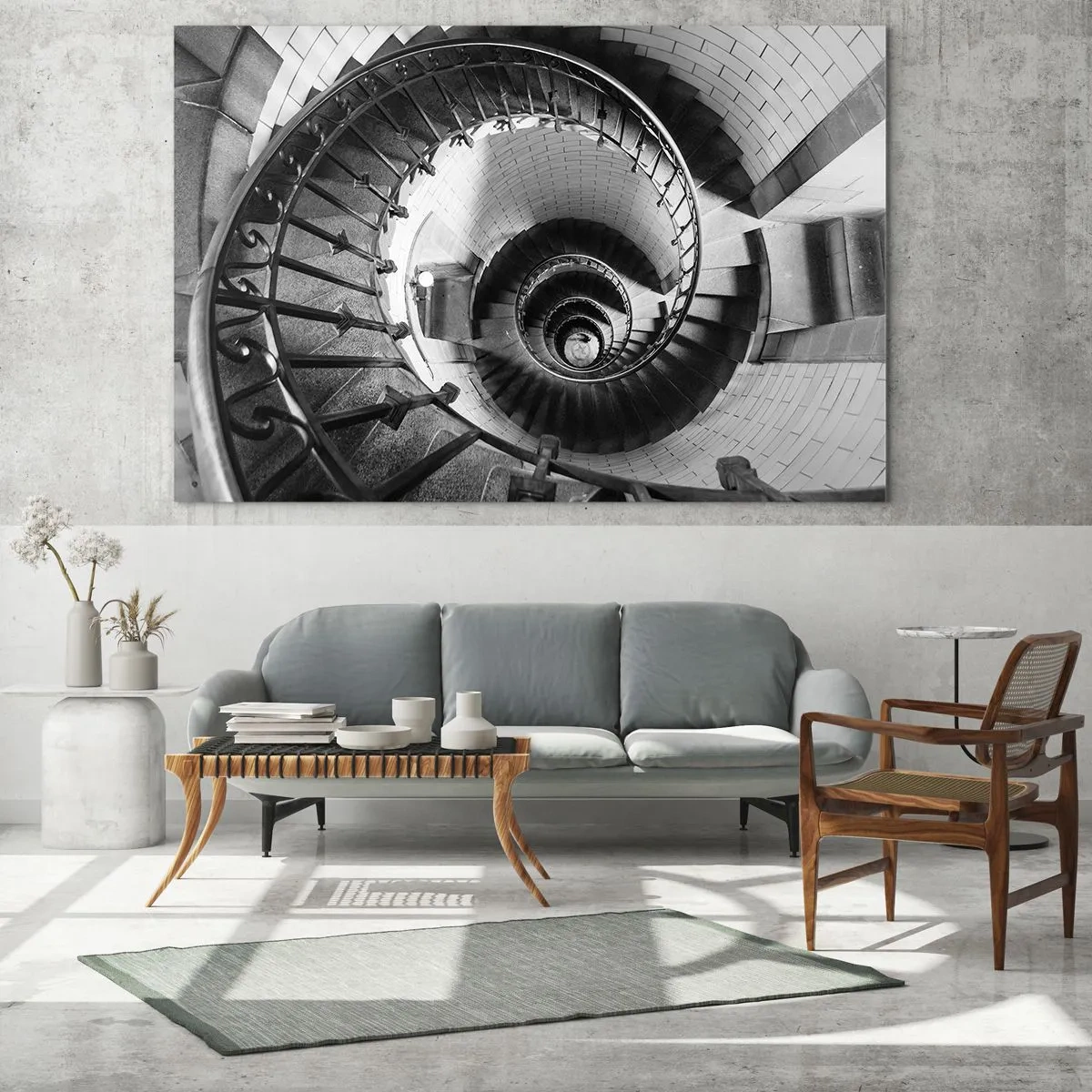 Glasbild - Bild auf glas - Schwarz-Weiß-Fotografie einer Wendeltreppe aus der Vogelperspektive - 120x50cm - Höher und höher - Moderne Wanddekoration für Wohnzimmer und Schlafzimmer ARTTOR